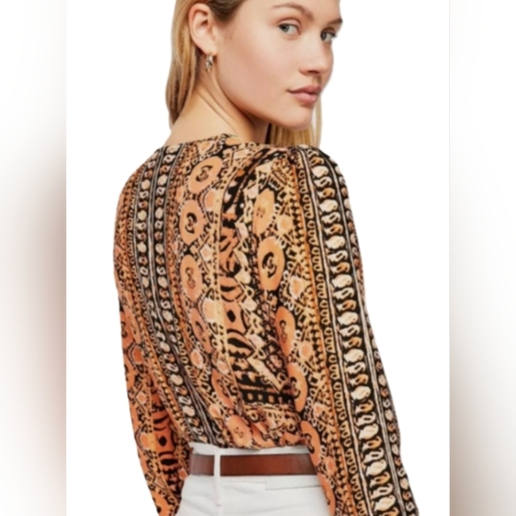 Free People Bohemian V-Neck Blouse in Black and Tan - Picture 2 of 4
